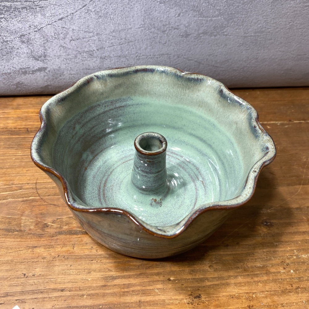 Studio Pottery Ceramic Apple Bread Baker Bundt Pan Scalloped Green Glaze 7in